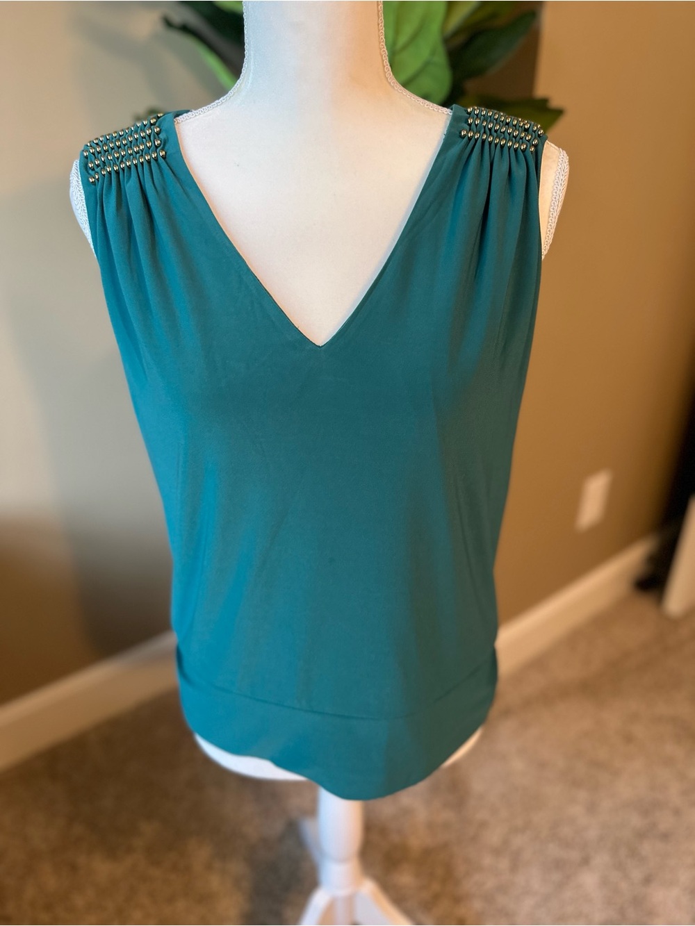 White House Black Market Teal V-Neck Studded Shoulder Shell